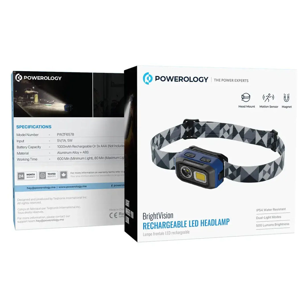 Powerology BrightVision Rechargeable LED Headlamp, Black