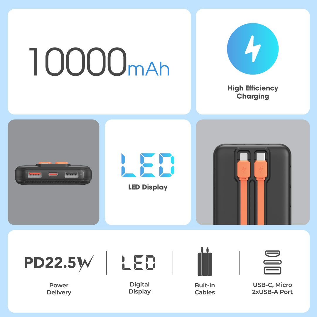 Blupebble Linkpod Go 10000Mah Built-In Cable Power Bank Black