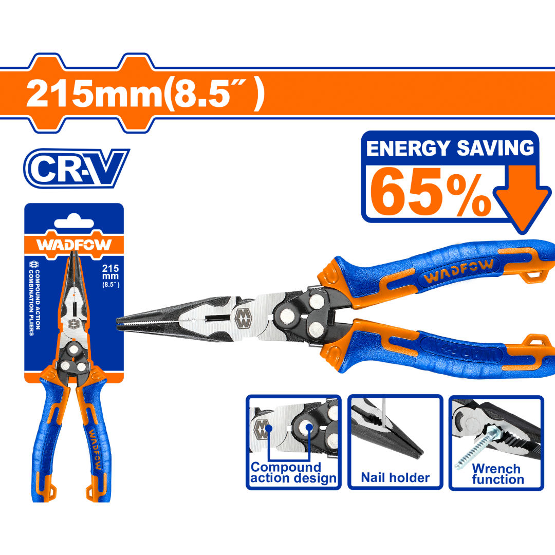 WADFOW Compound Action Long Nose Pliers 8.5″, Cr-V Steel, Energy Saving Design