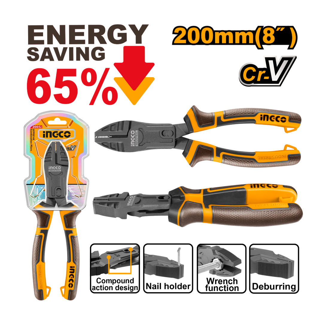 INGCO 8″ Compound-Action Combination Pliers, Cr-V, Teflon Coated, Nail Holder, Spanner & Deburring Function