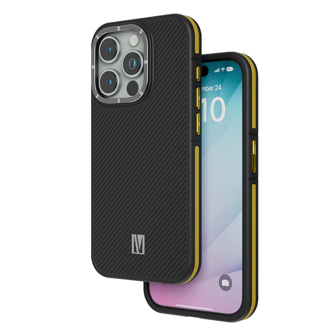 Levelo Ox Carbon Shock-Proof Edges, Raised Bezel Case For iPhone 15 Pro, Yellow