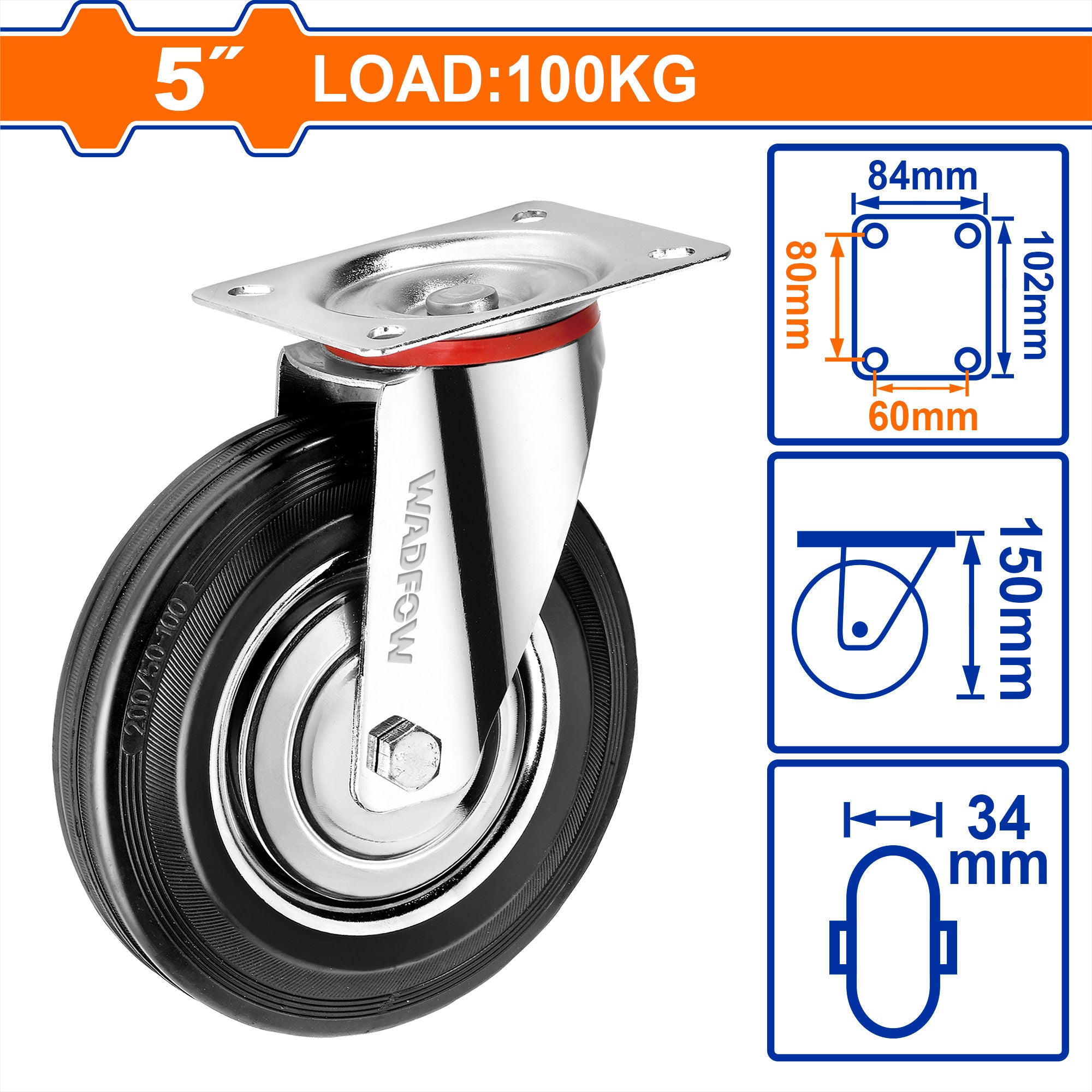 WADFOW Heavy, Duty Caster Wheels, Rigid / Swivel / Swivel with Brake, Steel & Rubber