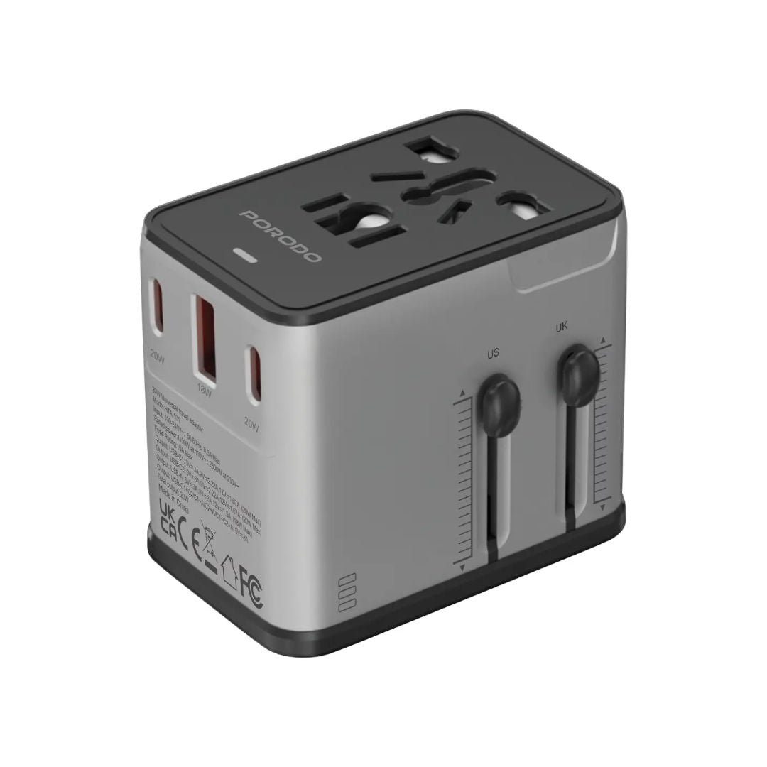 Porodo Mega Volt Universal Travel Adapter, 20W USB-C + USB-A, EU/UK/US Plugs, Silver/Black