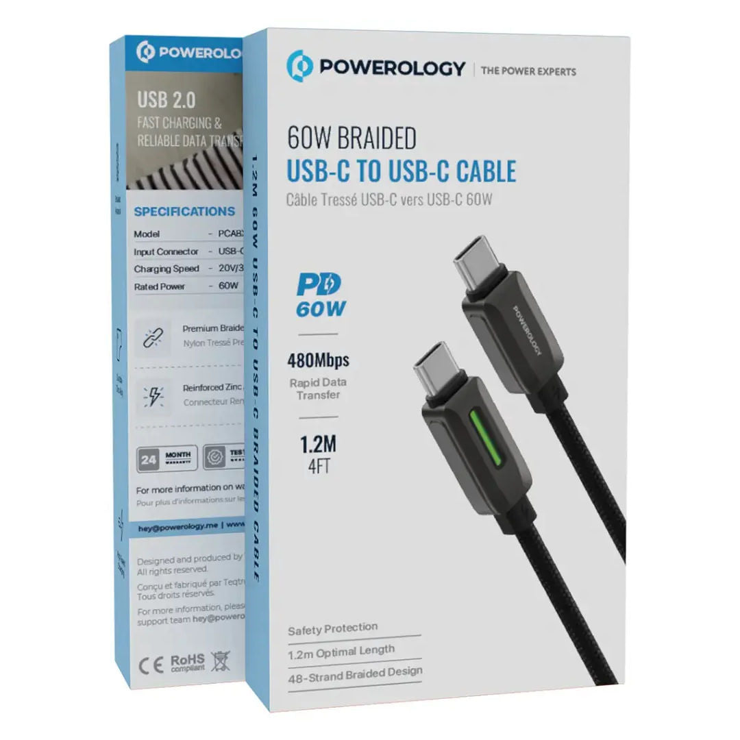 Powerology 60W Braided USB-C to USB-C Charging Cable, Black