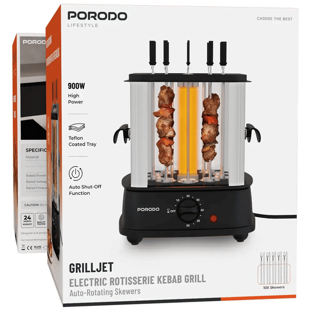 Porodo Lifestyle GrillJet Electric Rotisserie Kebab Grill with Auto-Rotating Skewers, Black