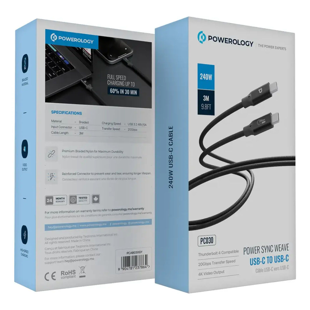 Powerology Power Sync Weave 240W USB-C to USB-C Cable, 3M, Gray
