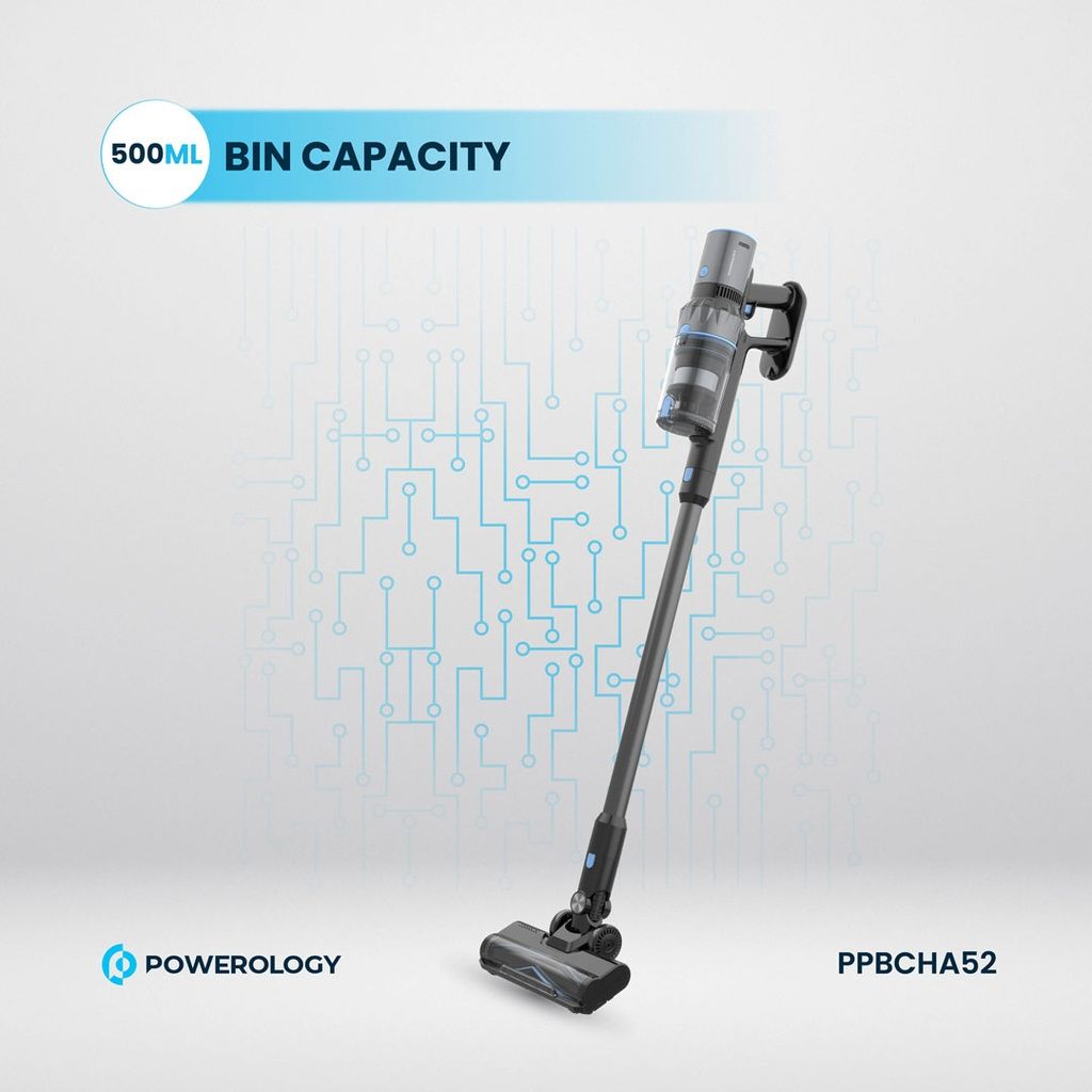 Powerology Cordless Stick Vacuum, 500mL Dust Bin, Black