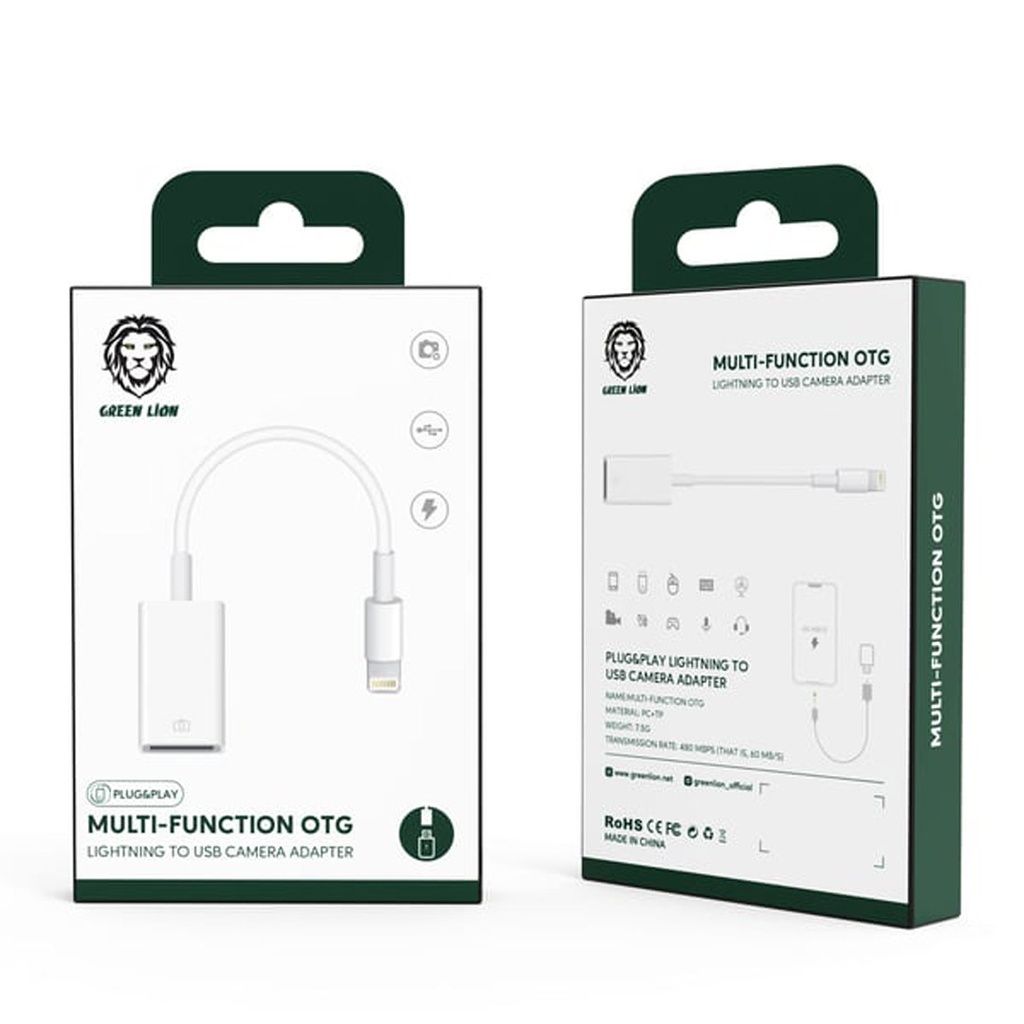 Green Lion Lightning to USB Camera Adapter OTG, 480Mbps Data Transfer, Plug & Play, White