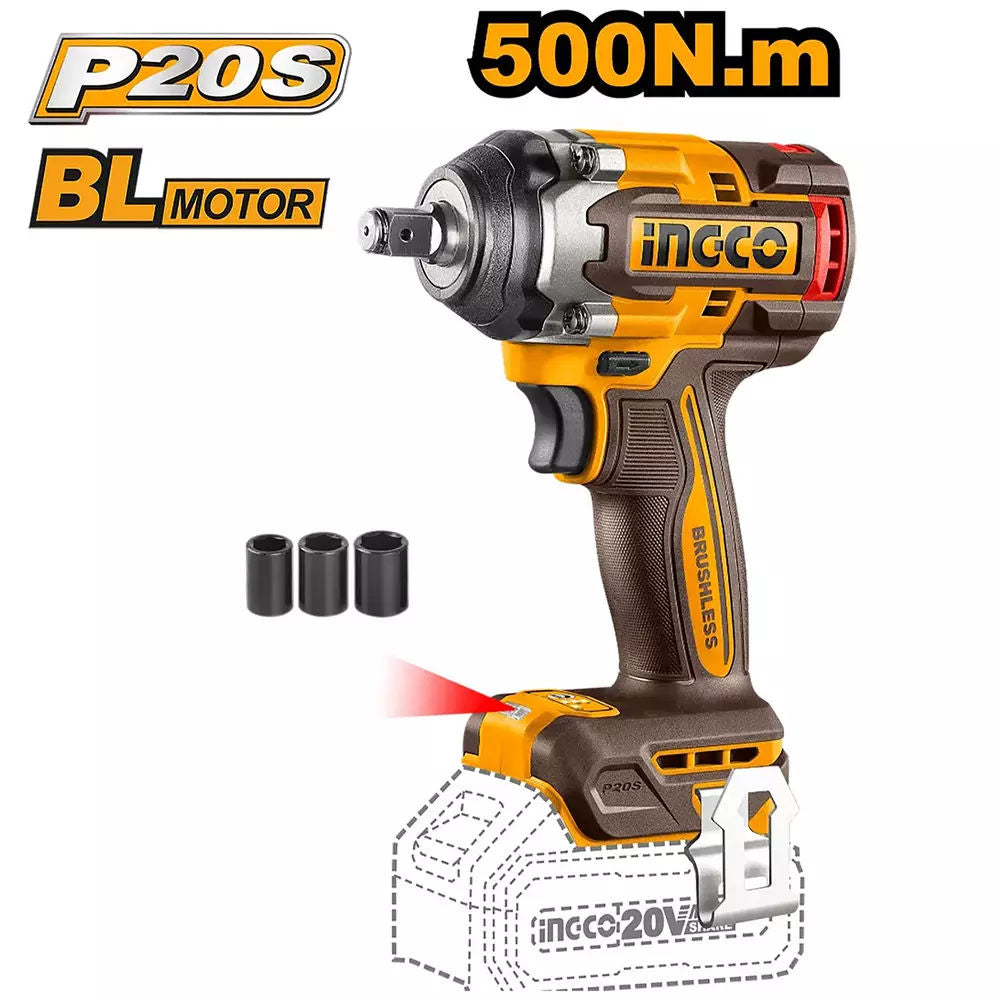 INGCO 152-Piece Cordless Impact Wrench Tool Set - 20V 1/2″ 500 Nm Wrench, 4.0Ah Battery, Charger, Comprehensive Sockets, Spanners & Bits in Carry Case