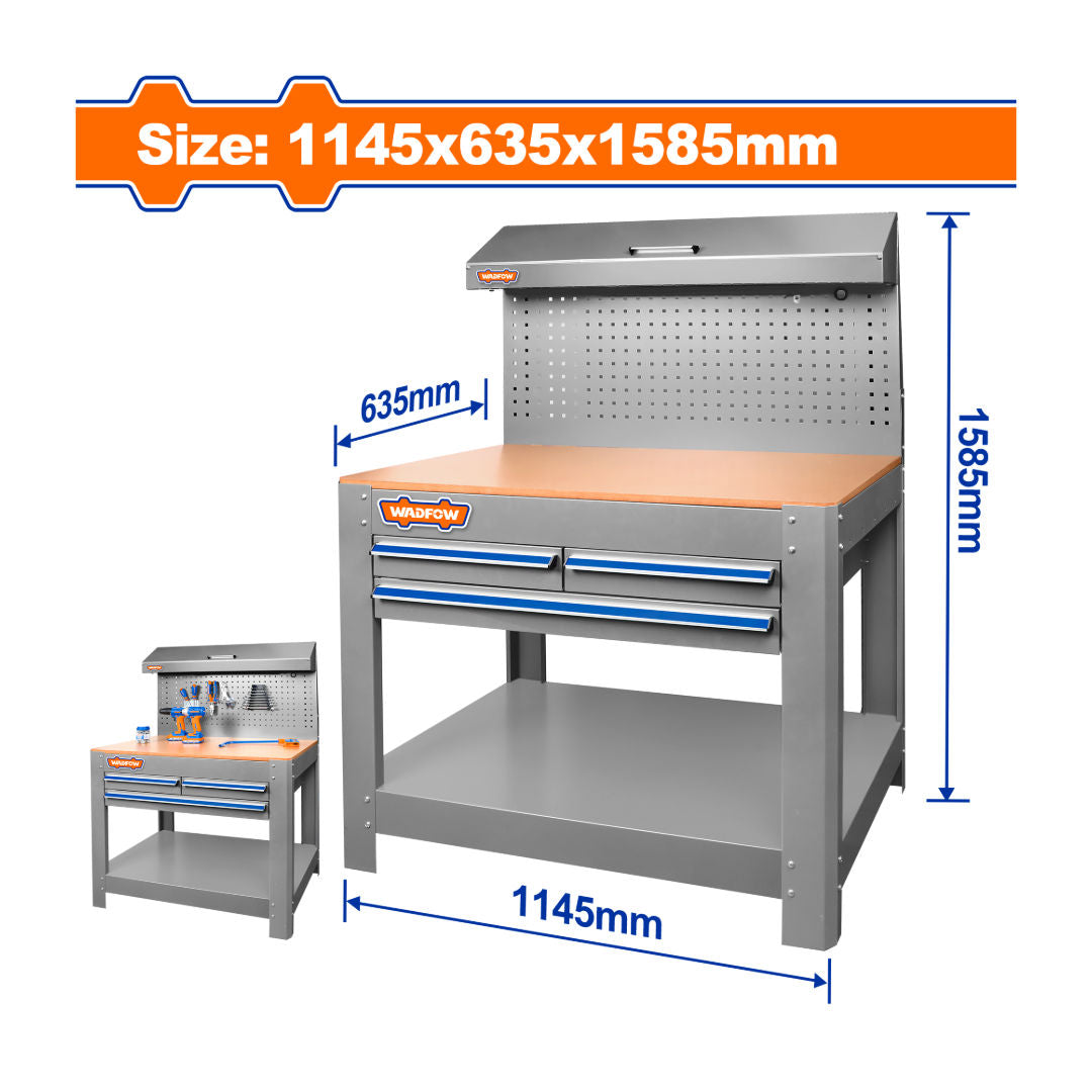 طاولة عمل فولاذية من WADFOW مع لوح مثقوب، 1145 × 635 × 1585 مم، 3 أدراج، منزلقات محامل كروية