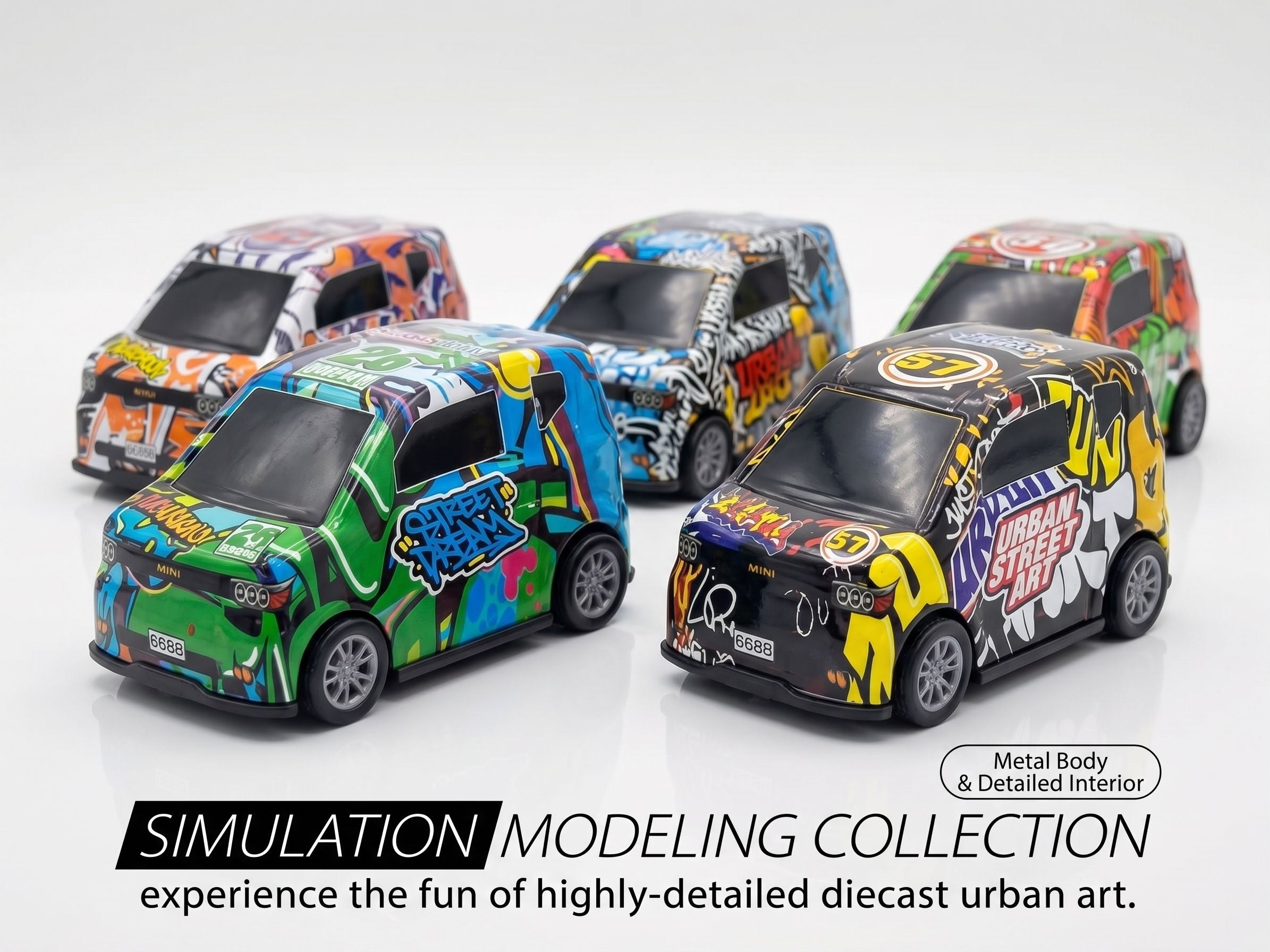 Urban Street Art Die-Cast Mini Van Set (Pack of 6) – Pull-Back Toy Vehicles for Kids 3+