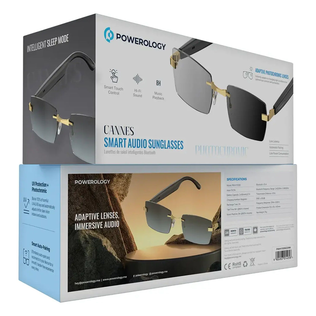 Powerology Cannes Smart Audio Sunglasses, Photochromic Lenses, Gold/Black