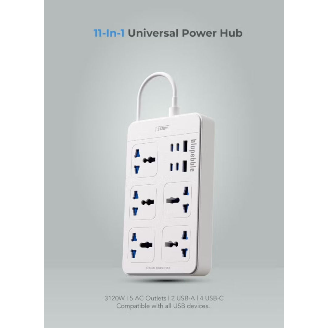 Blupebble Surge Protector 11 In 1 Universal Power Hub 3120W 4 Usb C 2M White