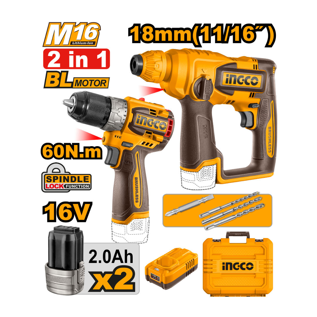 INGCO 16V/20V Cordless 2-Tool Combo Kit, Brushless Drill 60 Nm + SDS-Plus Rotary Hammer 1.8J, 2×2.0Ah Batteries, Charger & Bits