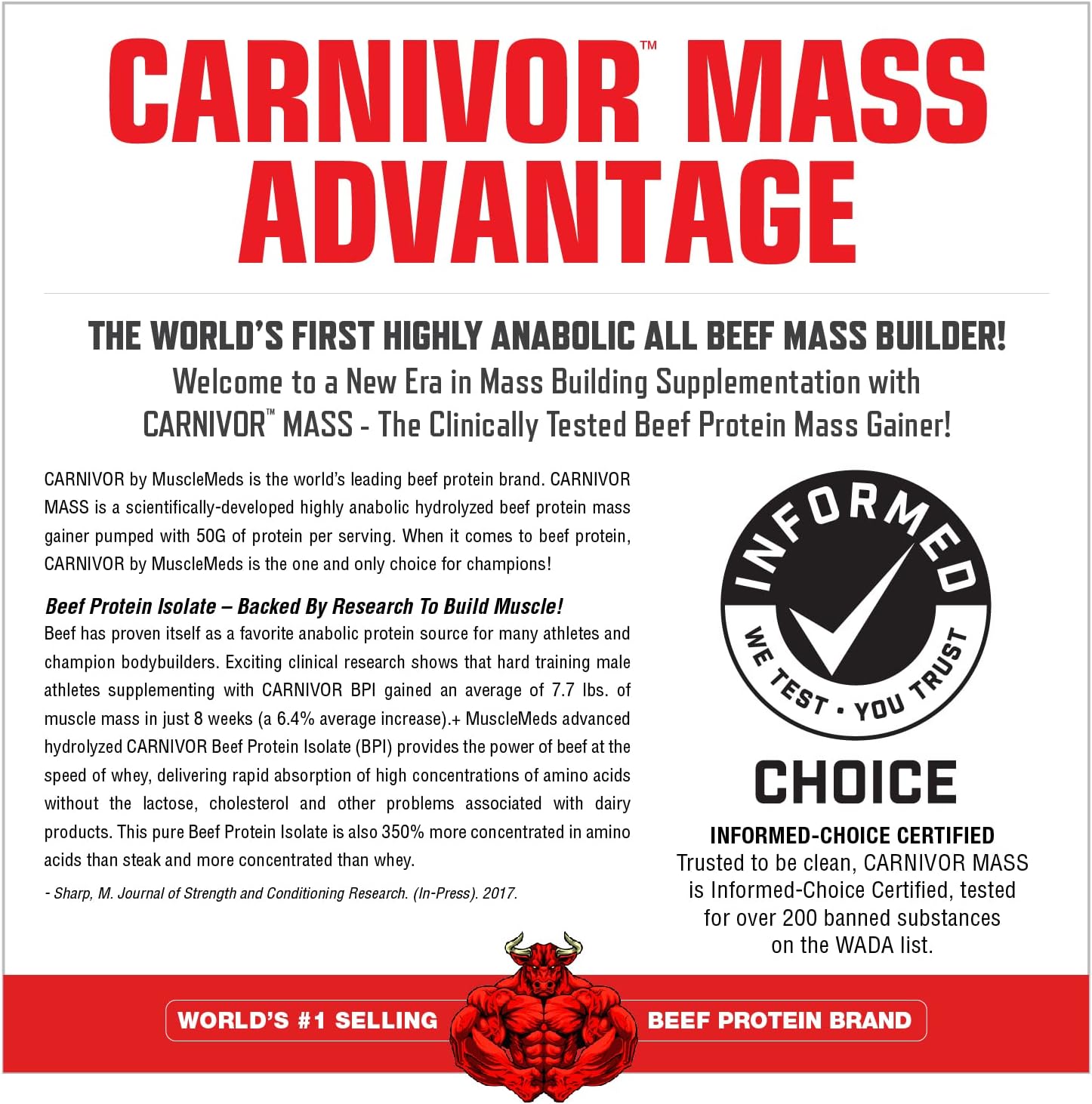 Carnivor Mass, Anabolic Beef Protein Gainer, Chocolate Fudge, 5.83 lbs, 2,646 gm