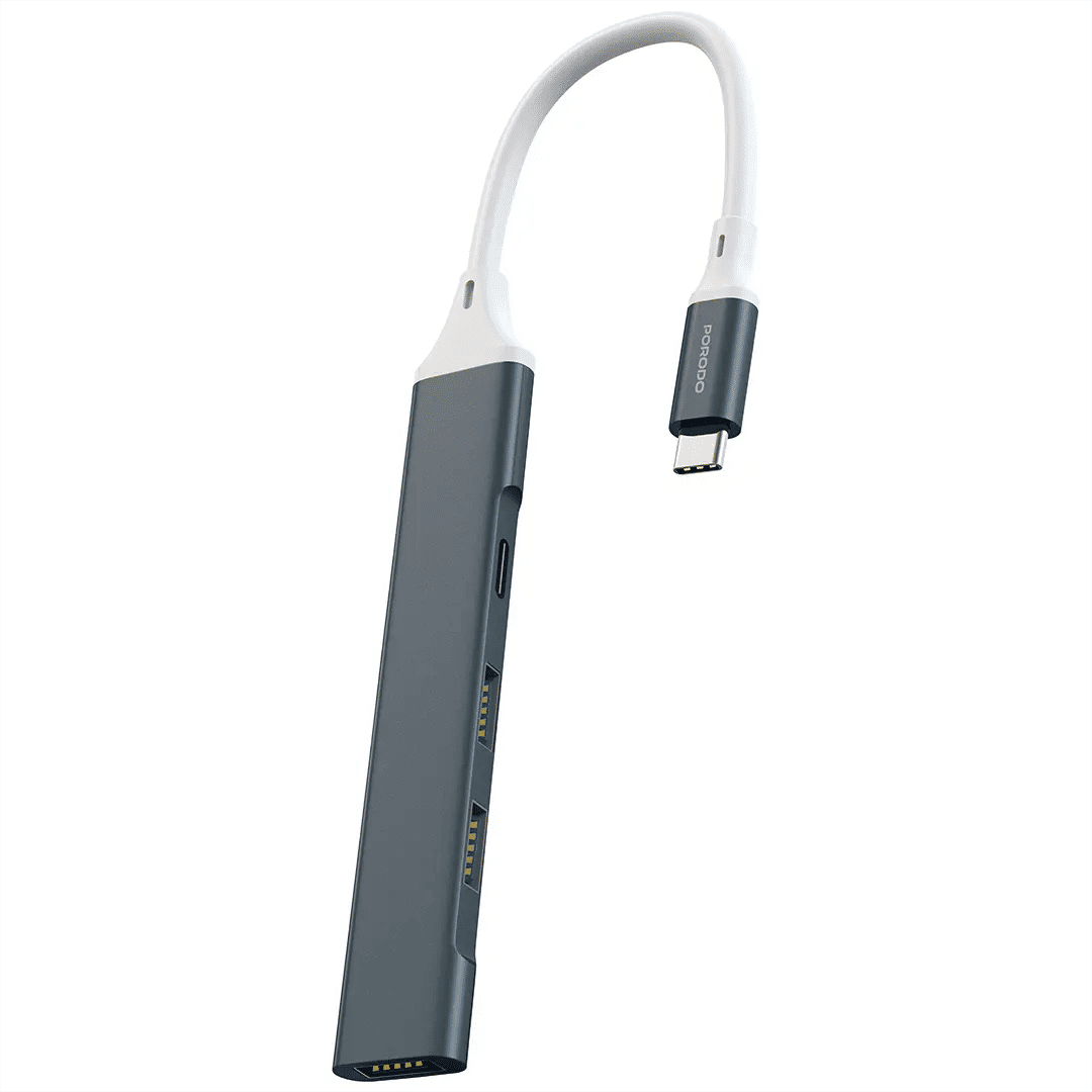 Porodo Aluminum Multi-Port USB-C Hub, 5Gbps Data Transfer, USB 3.0 & USB 2.0, Gray