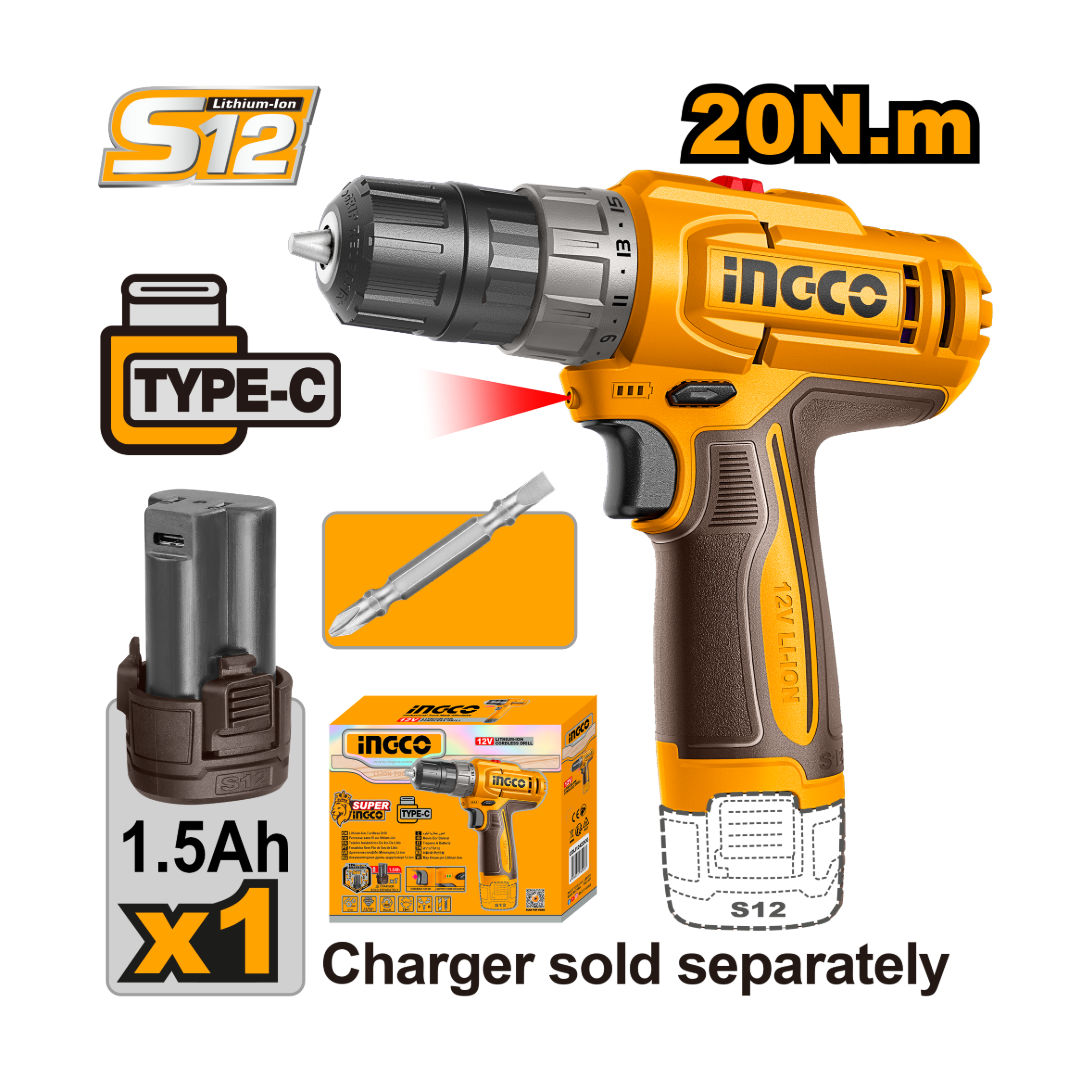 INGCO Cordless Drill, Chuck Size 0.8 - 10mm, 12V