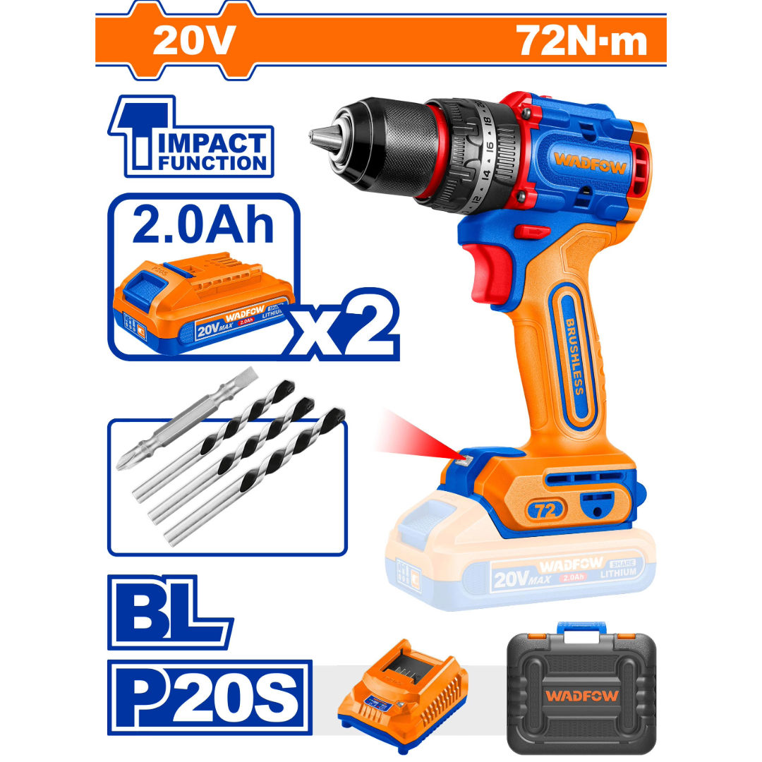 WADFOW 20V Brushless Compact Impact Drill, LED Light