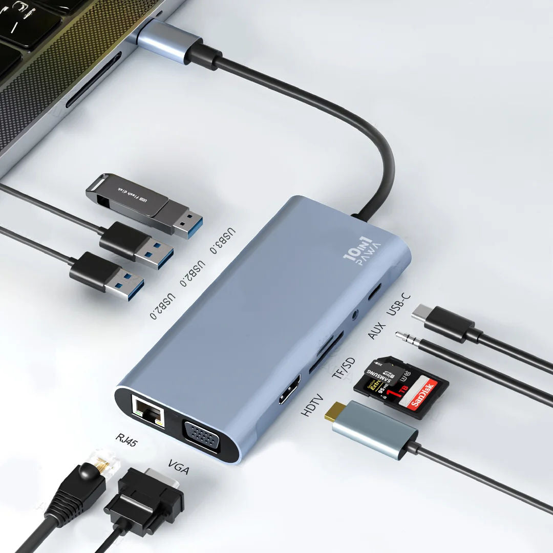 Pawa 10 In 1 USB Type-C Hub With HDTV & VGA, Grey