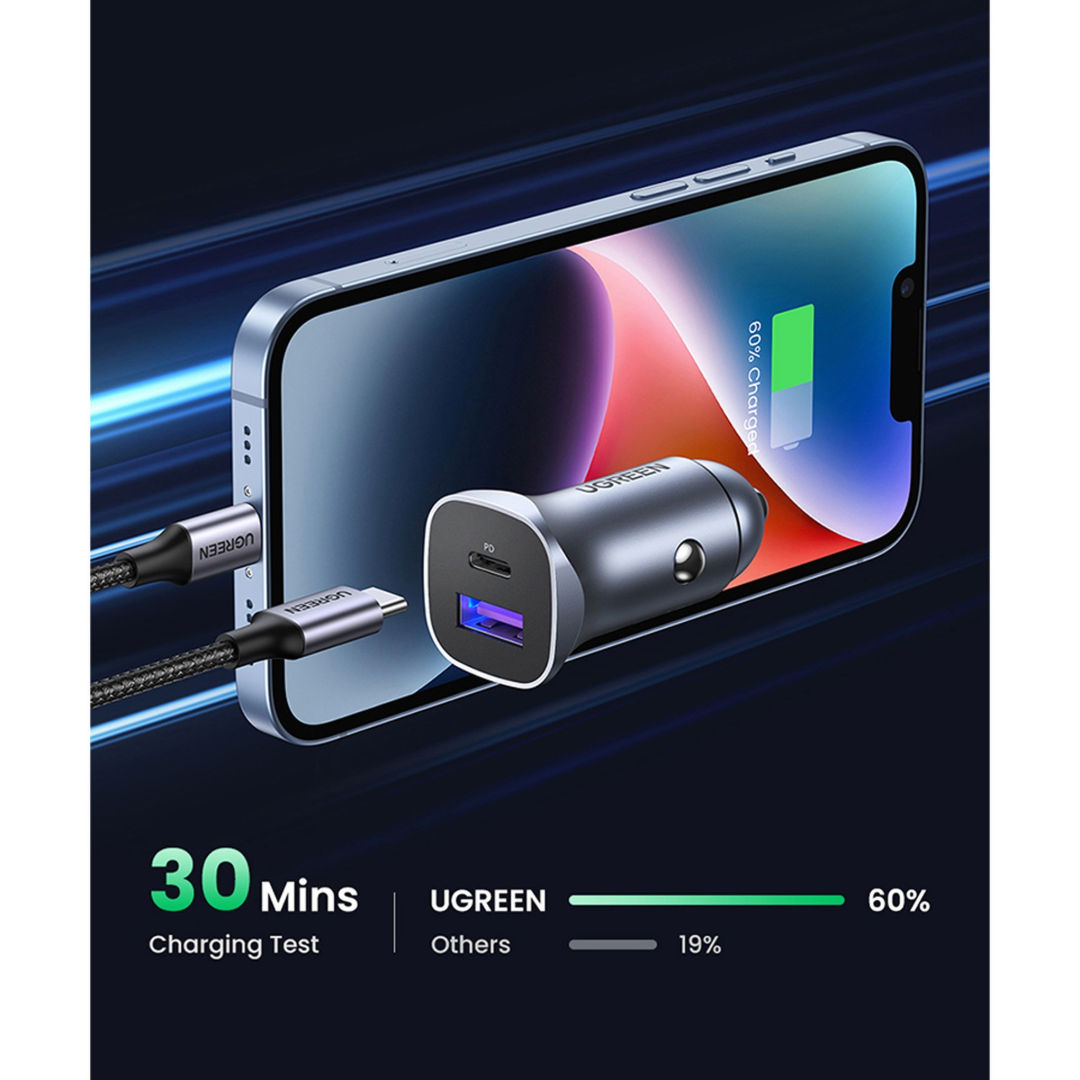 UGREEN CD130 52.5W Dual Port Car Charger with USB-C PD and USB-A QC Fast Charging