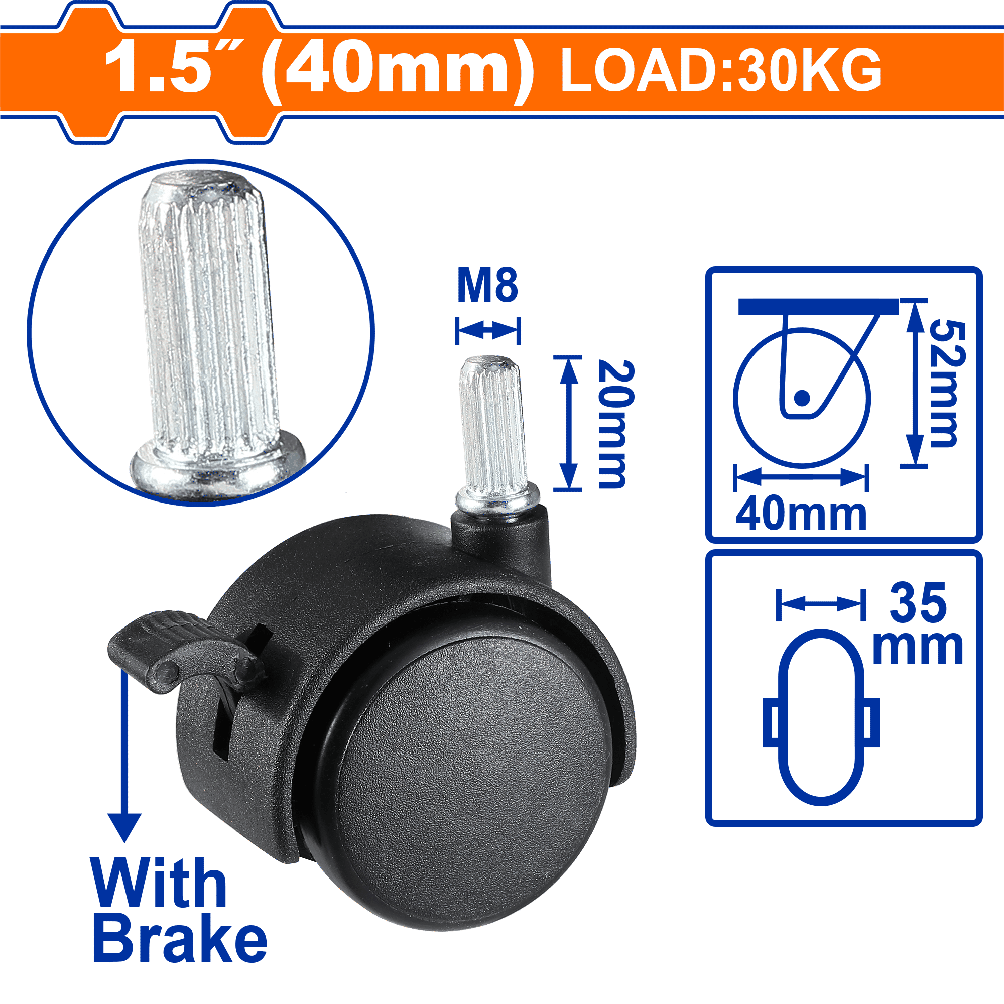 عجلات نايلون WADFOW، مادة PA شديدة التحمل، خيارات تركيب متعددة، مع/بدون فرامل