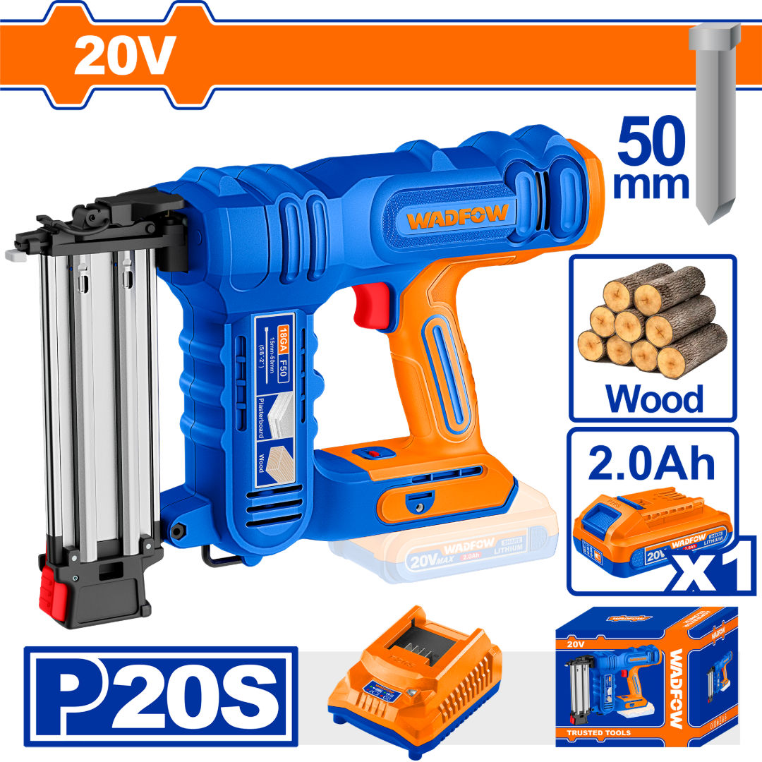 مجموعة أدوات تثبيت المسامير اللاسلكية WADFOW 20V، F15–F50، 105-Cap Mag