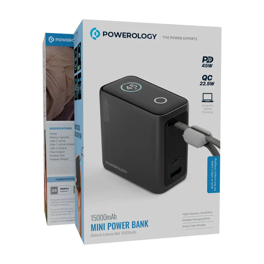 Powerology 15000mAh Mini Power Bank, Multiple Charging Ports, Smart Color Display