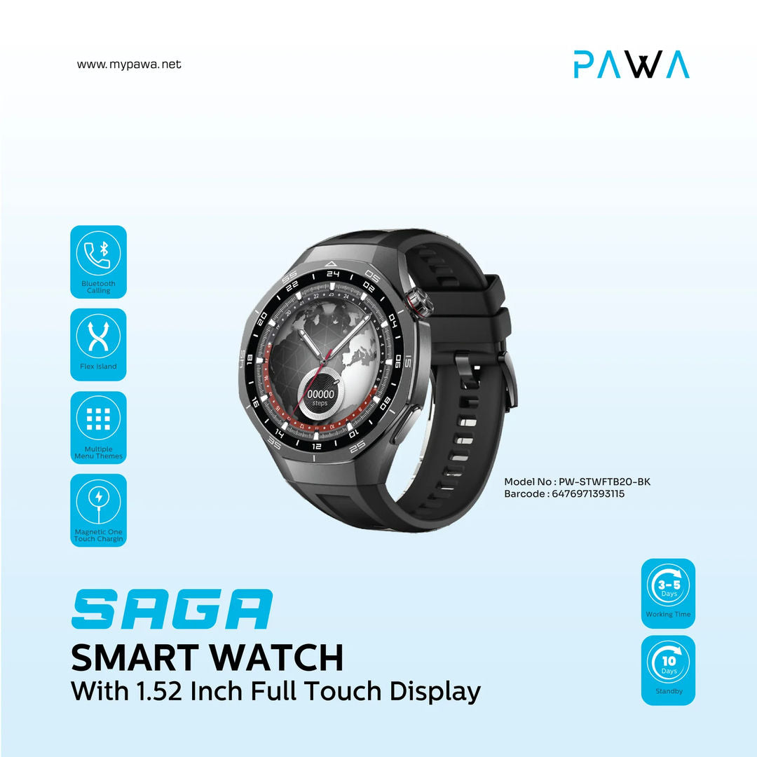 Pawa Saga 1.52inch Display Smart Watch, Black