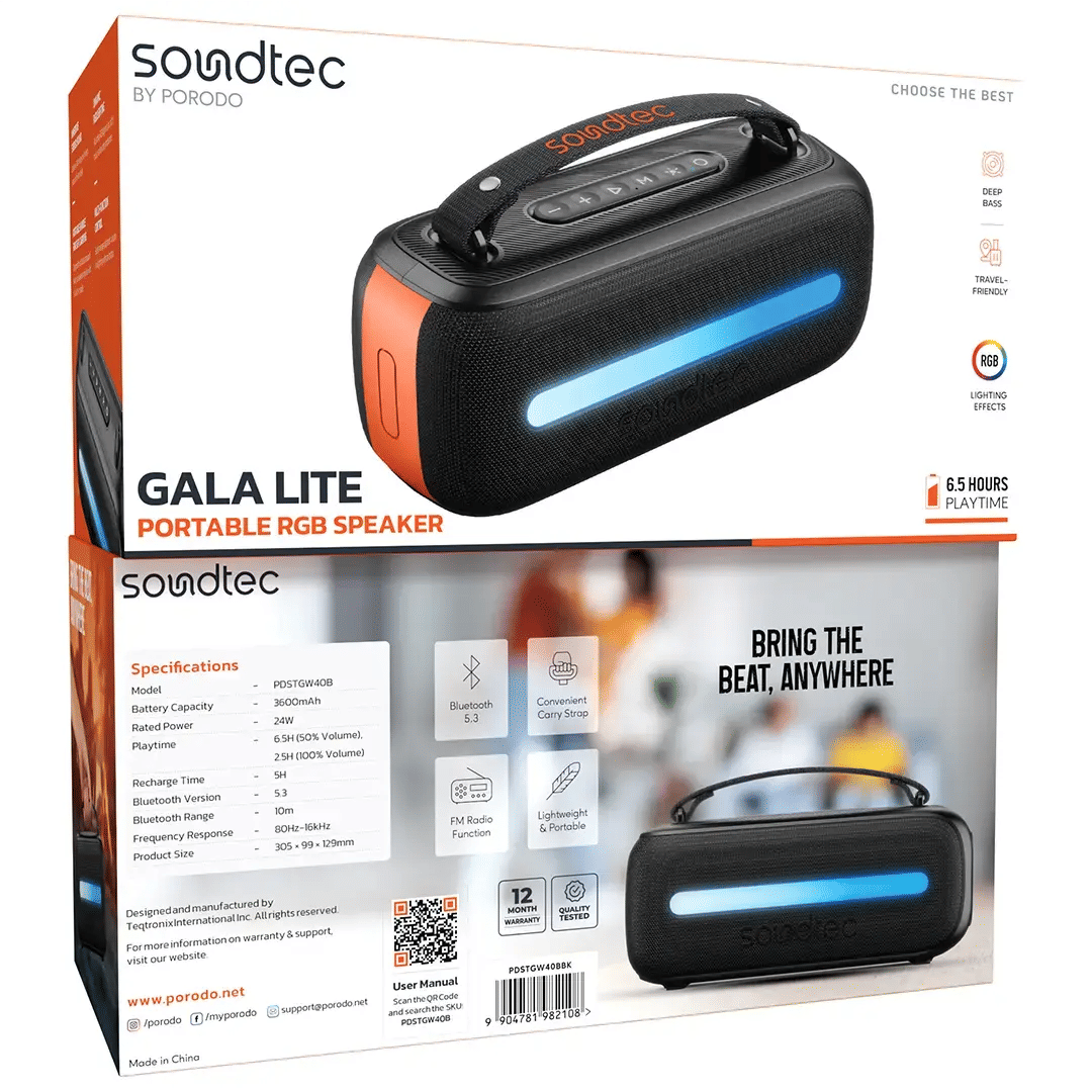 Porodo Soundtec Gala Lite Portable Bluetooth Speaker, 24W, RGB Lights, FM Radio, 6.5H Playtime, Black