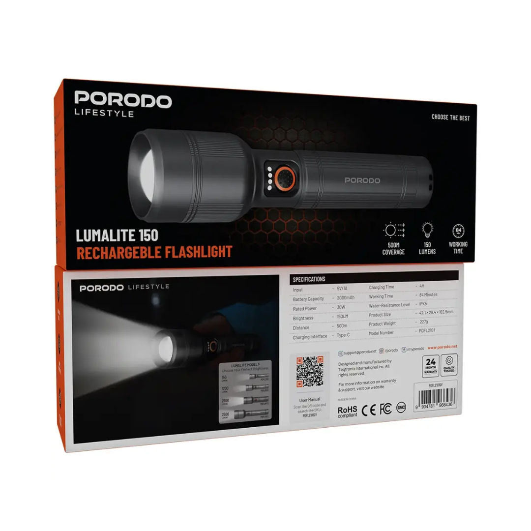 Porodo Lifestyle Lumalite 150 Rechargeable Flashlight, Gray