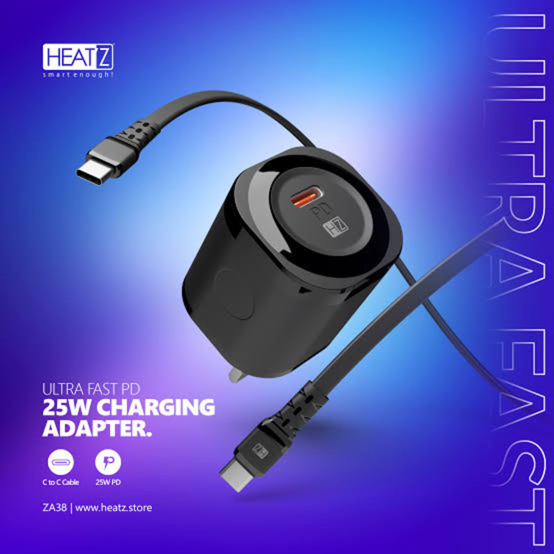 Heatz ZA38 25W PD Fast Charging Adapter with USB-C to USB-C Cable, Balck