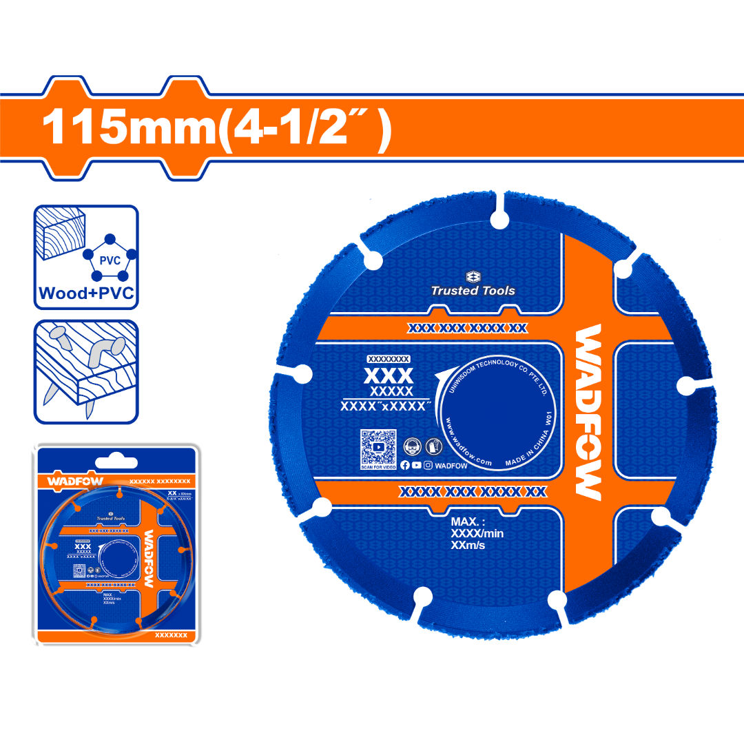 WADFOW Brazed Carbide Wood Cutting Disc 115mm, 4-1/2″, YG6 Tungsten Carbide, 22.2mm Arbor with Reduction Ring