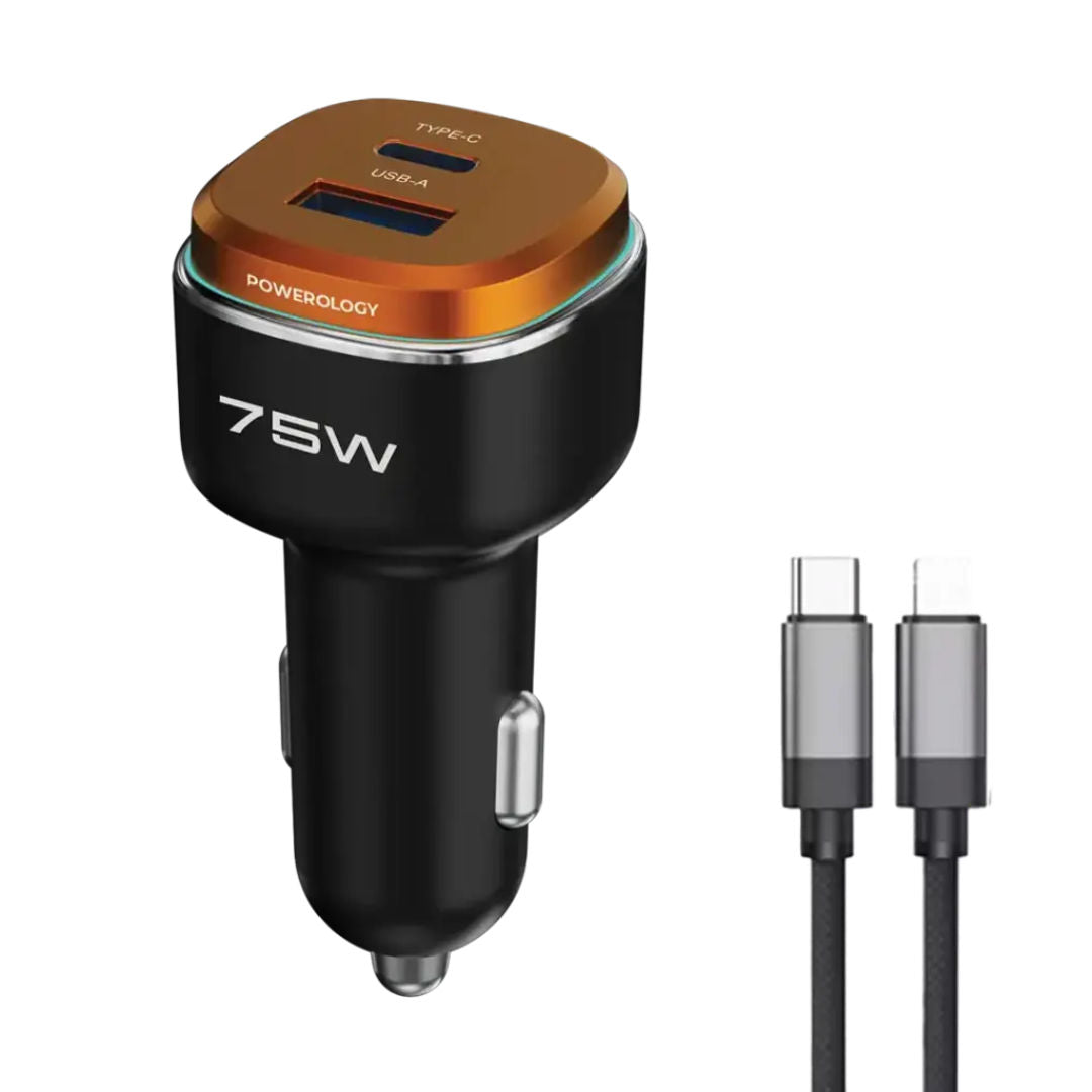 Powerology 75W Dual-Port High-Power Car Charger with Lightning Cable, Black/Orange