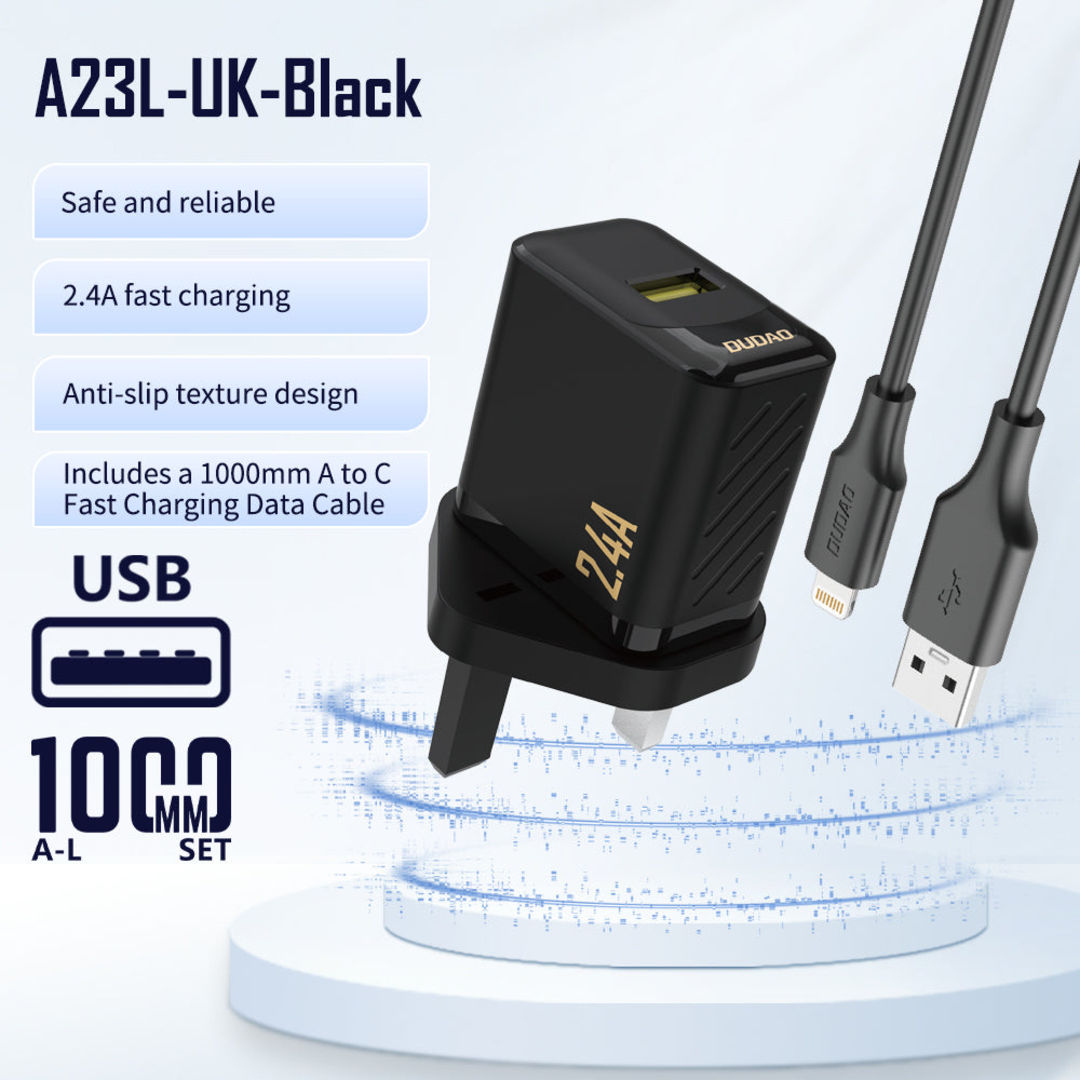 DUDAO A23LUK USB-A Charger With Lightning Cable 2.4A 12W UK, Black