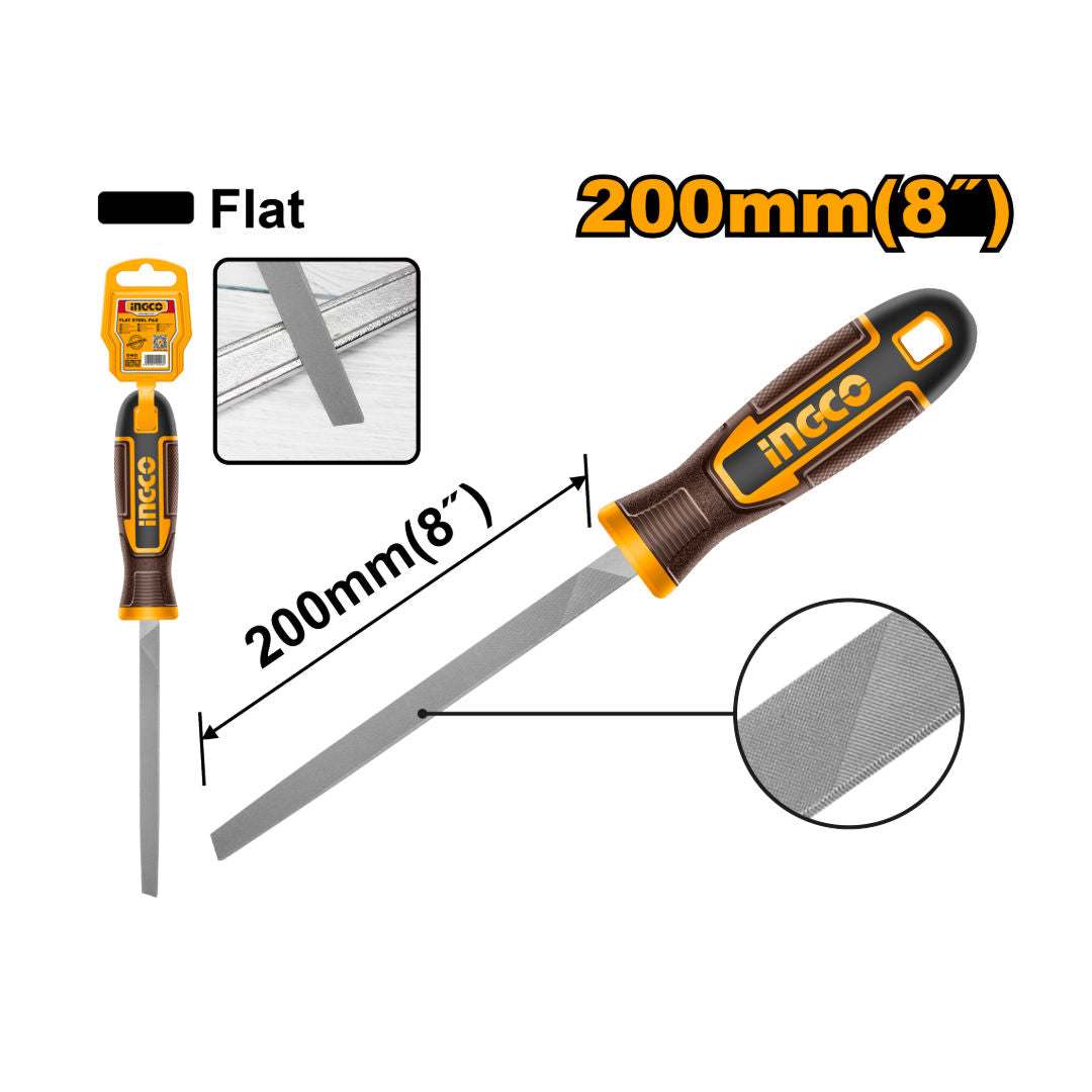 INGCO Flat Steel File 200mm, T12 Steel, Plastic Hanger, Durable Design
