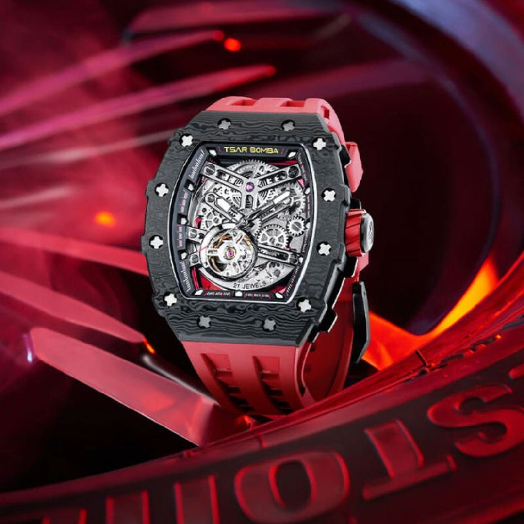 TSAR Bomba Men's Elemental Carbon Fiber Automatic Black Case Red Silicon Watch