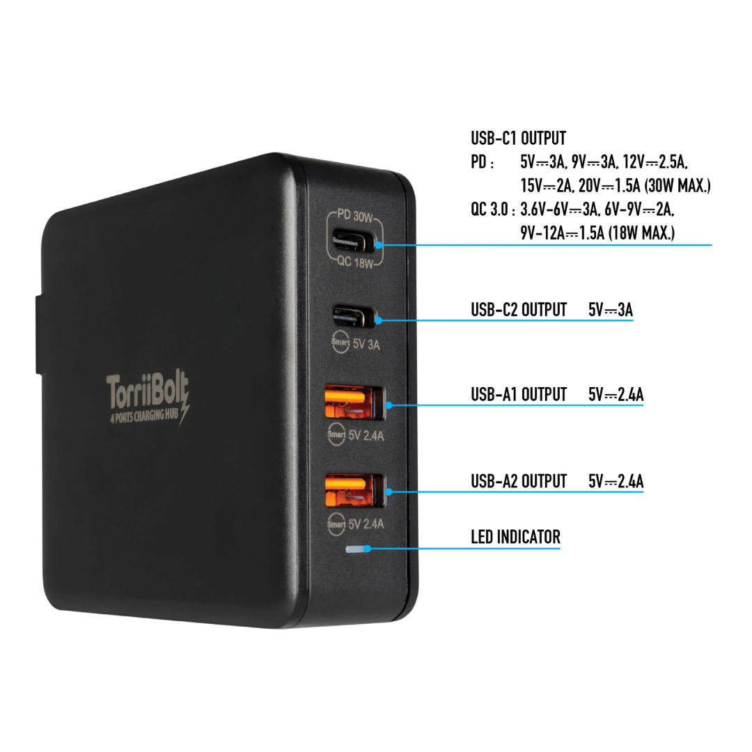 محور شحن Torrii Bolt ذو 4 منافذ مع USB-PD و QC 3.0، أسود، TBT-4PCH-01