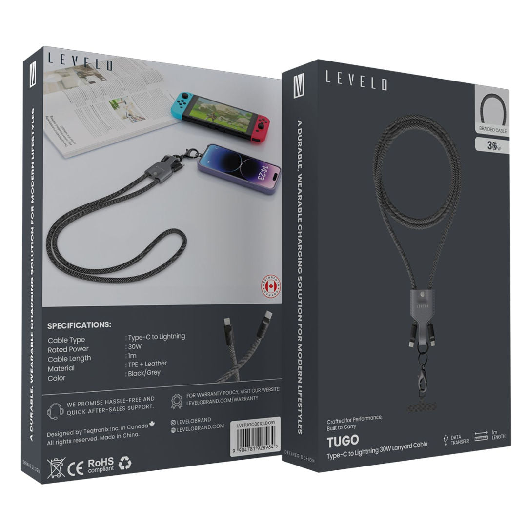 Levelo Tugo Type C To Lightning 30W 1m, Type Braided Lanyard Cable, Gray