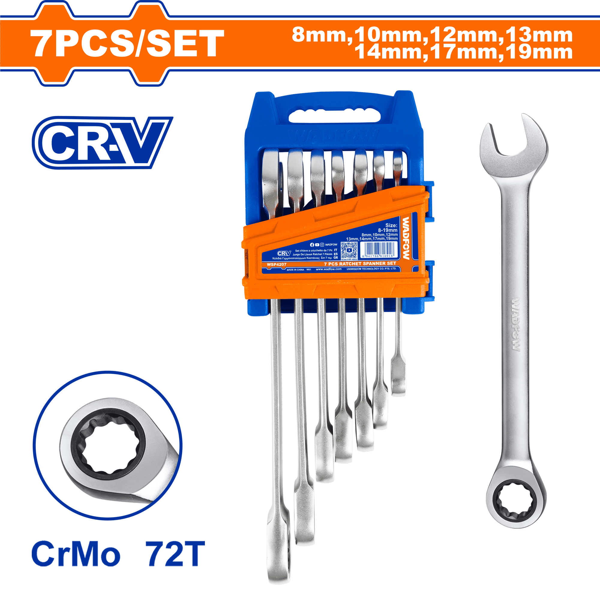 WADFOW 7 Piece Ratchet Spanner Set, 8-19 mm, Cr-Mo Ratchet Heads, Cr-V Body, Fine Polished