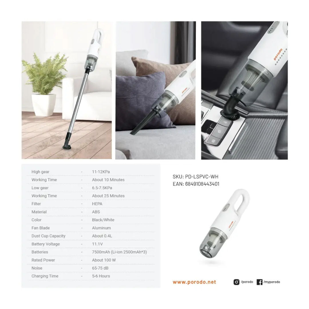 Porodo Portable Cordless Stick Vacuum Cleaner 11-12Kpa, 100W, 7500mAh, White