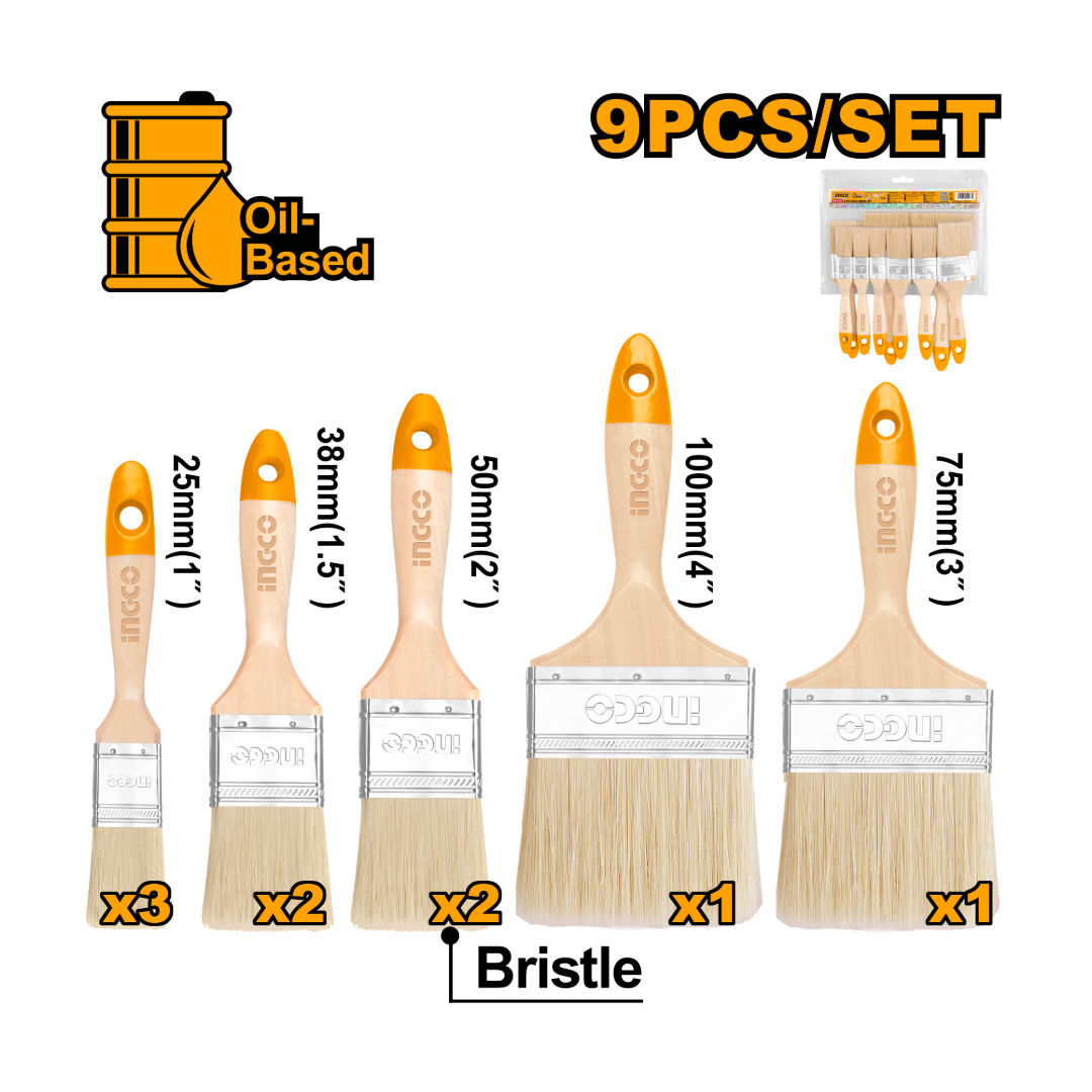 INGCO 9 Pcs Paint Brush Set, Wooden Handles, For Oil-Based Paint