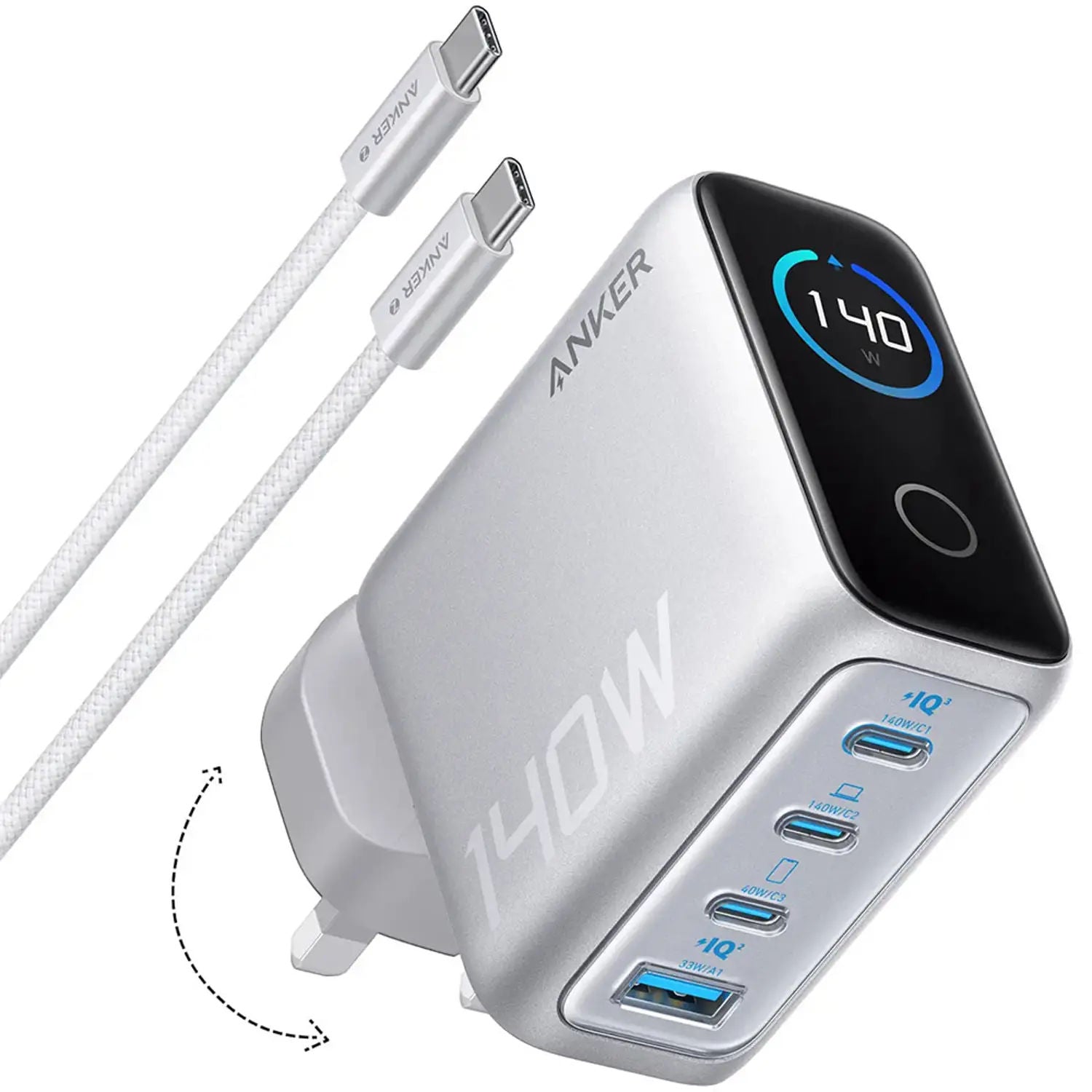 Anker 140W 4-Port GaN Charger with PD 3.1, Dual USB-C, Smart Display & USB-C Cable, Silver