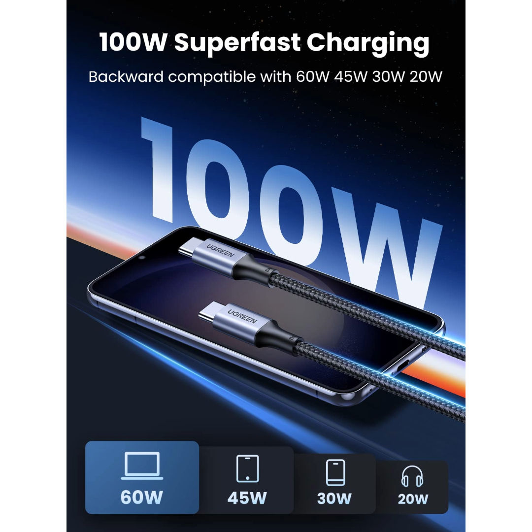 UGREEN USB-C to USB-C 100W Power Delivery Braided Fast Charging Cable, Space Gray, 1 Meter