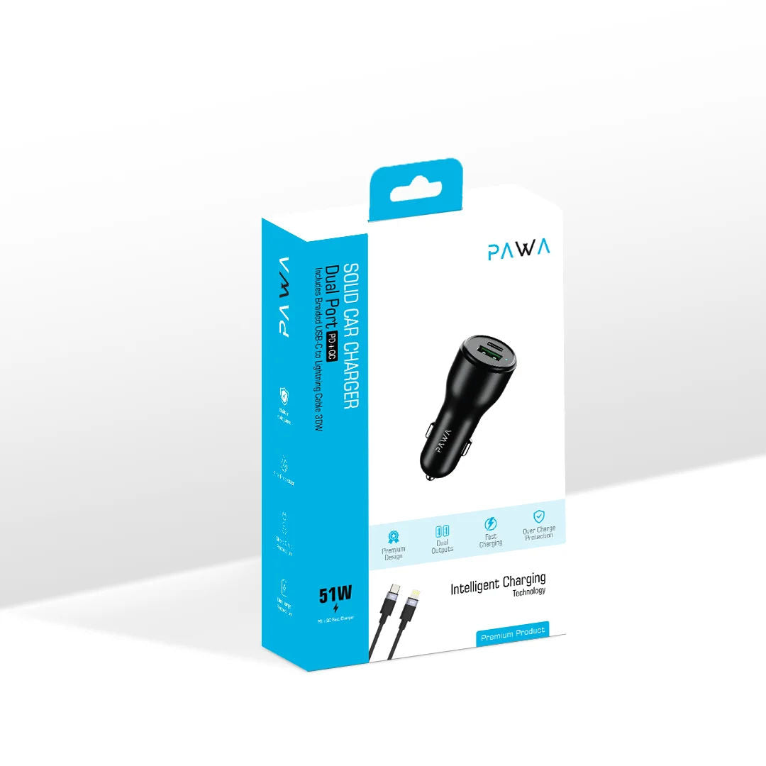 Pawa Solid Car Charger Dual Port PD+QC 51W With USB-C To Lightning Cable, Black