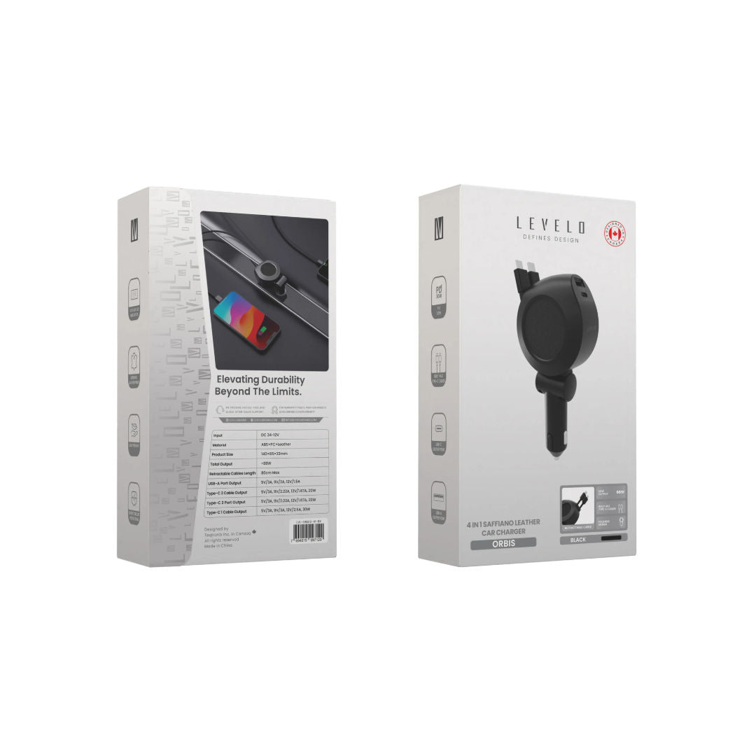 Levelo Orbis 4 In 1 Saffiano Leather Car Charger, Black
