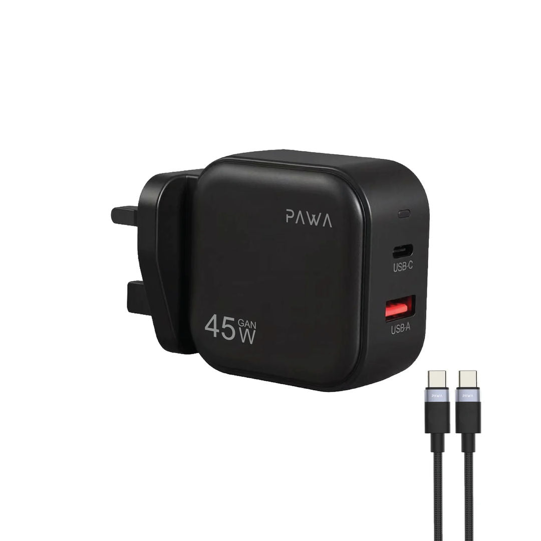 Pawa Quick Gan 45W PD+QC Adapter With USB Type-C To USB Type-C Cable, Black