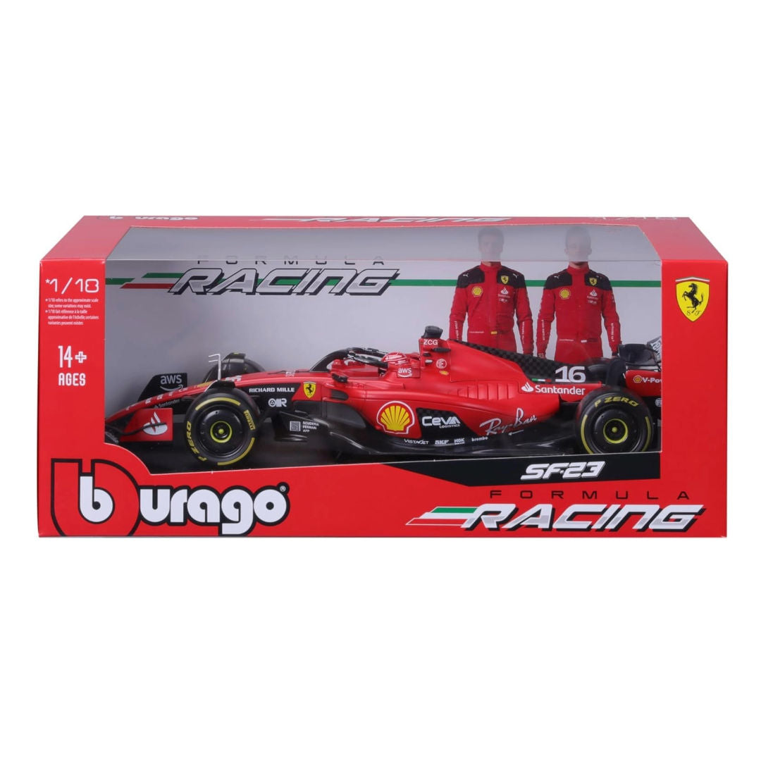 Bburago Formula 1, Racing 2023, Ferrari SF-23 #16, Charles Leclerc, Die-Cast Car, Red, 1:18