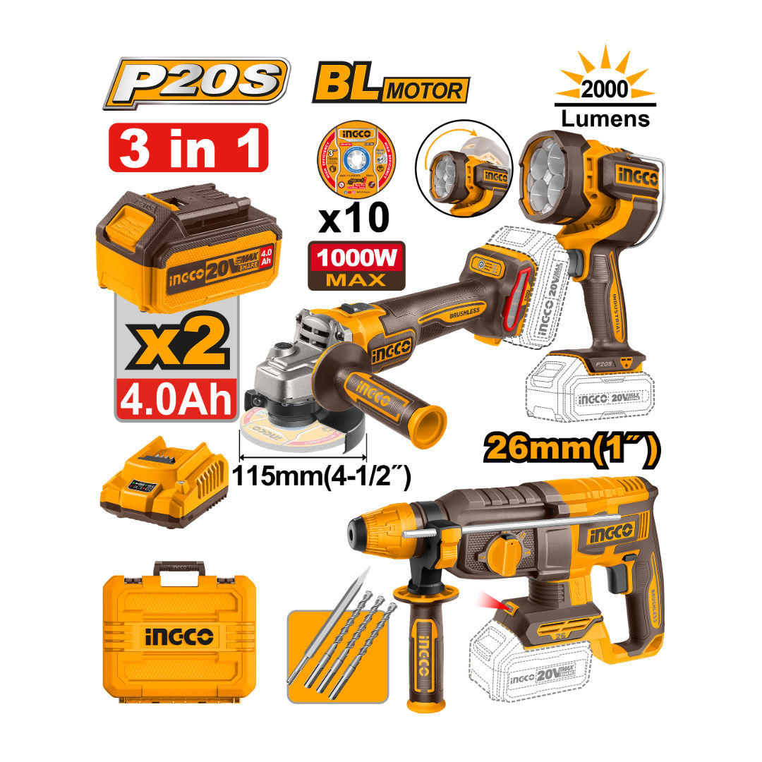 INGCO 20V 3-Piece Brushless Combo Kit, Rotary Hammer 2.5J + Angle Grinder + Work Lamp, 2x4.0Ah Batteries & Case