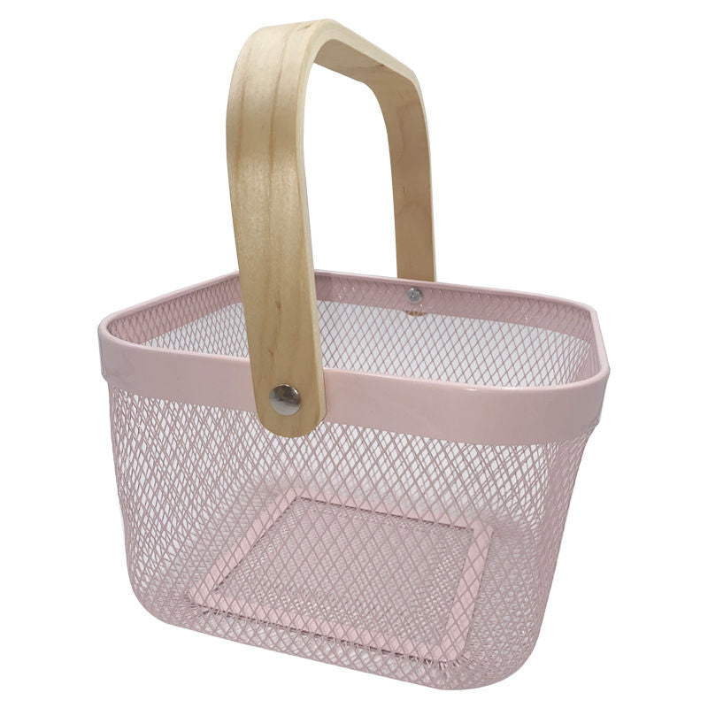 Metal Mesh Storage Basket with Wooden Handles (Square) (Pink)