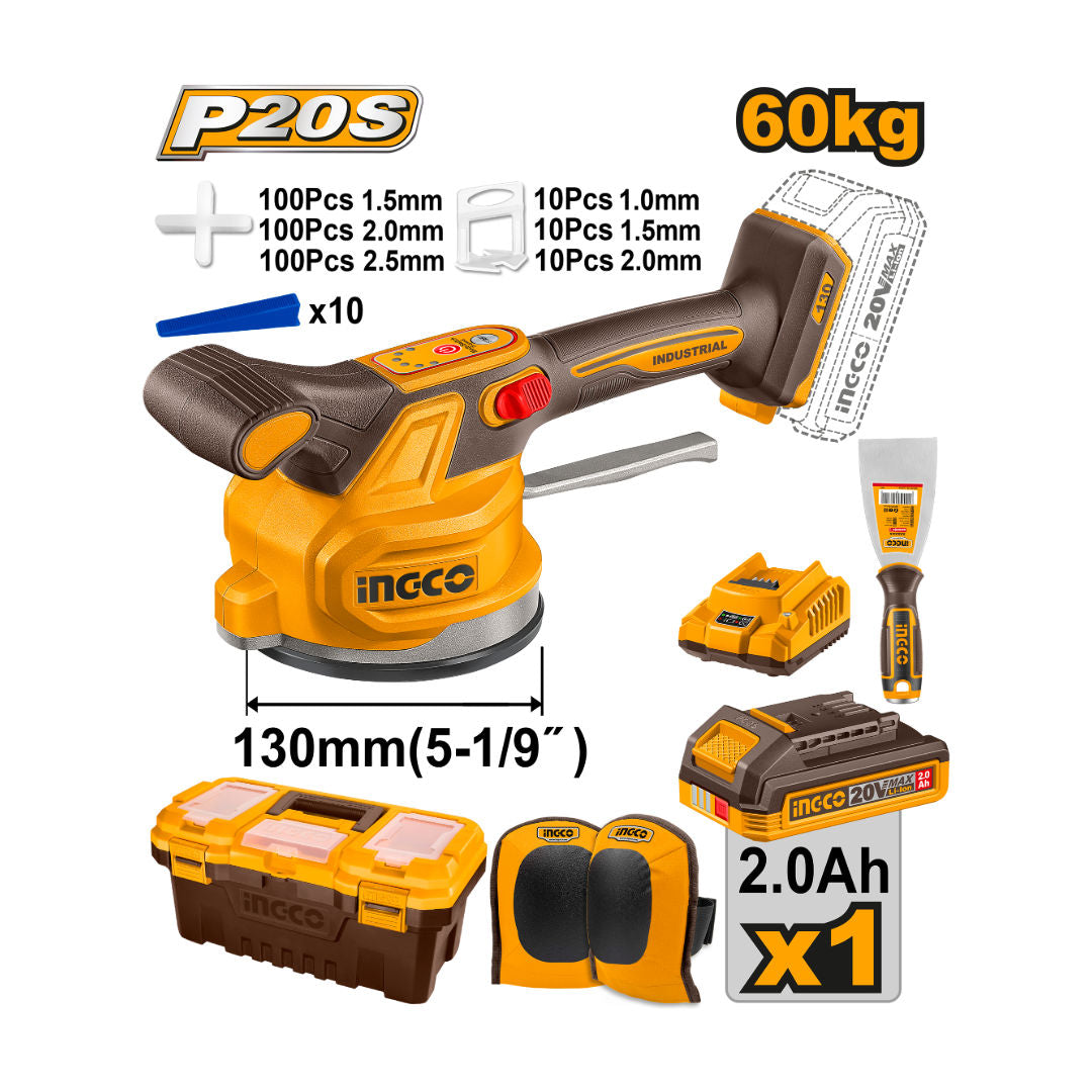 INGCO 20V Cordless Tile Vibration Machine Kit, 10,000 RPM, 130 mm Suction Cup, 60 kg Load, Battery & Accessories